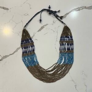 Women's Boho Tribal Chunky Multi Strand Bead and Gold Accent Necklace Turquoise